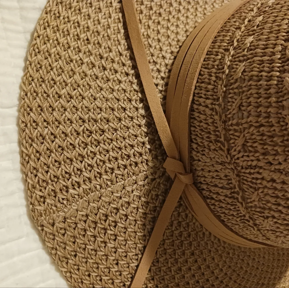 Straw Tan Boho Cowboy Summer Hat With Leather Tie Strings Osfa - Picture 4 of 8